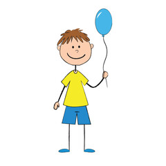 Happy boy holding a blue balloon in a cheerful, colorful illustration for childrens design