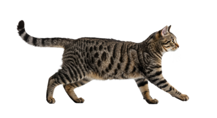 Cat Walking Isolated on White Background with Striped Fur