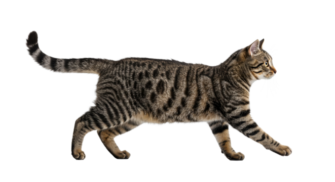 Cat Walking Isolated on White Background with Striped Fur