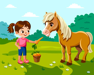 little girl feeding a horse