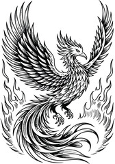 Black and white phoenix bird with flames illustration