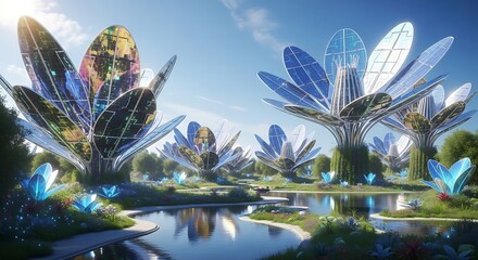 Futuristic solar panel trees bloom in a tranquil lakeside park, showcasing sustainable technology in nature