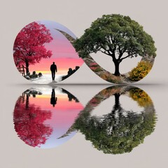 A serene landscape showcasing the beauty of nature, with vibrant trees reflecting on water under a sunset sky.