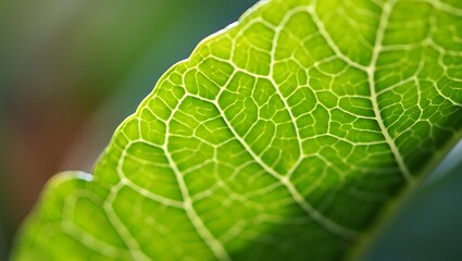 Obraz premium Macro Close-Up of Bright Green Leaf – Visible Cellular Structure and Veins, Scientific Botanical Concept, Soft Background, Natural Lighting, Minimalist Plant Photography
