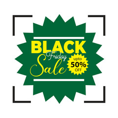 A vibrant green starburst graphic announces a Black Friday sale with 50% off. Yellow text highlights the sale details.
