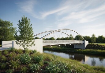 Obraz premium Modern pedestrian bridge over river on sunny day with lush green landscape