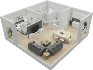 3D apartment floor plan, modern two-bedroom layout, open kitchen, stylish living room, bathroom, minimal decor, realistic interior rendering