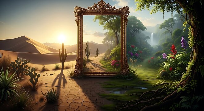 Escape reality with this stunning landscape scene through an ornate frame showcasing a journey from desert to paradise - Powered by Adobe