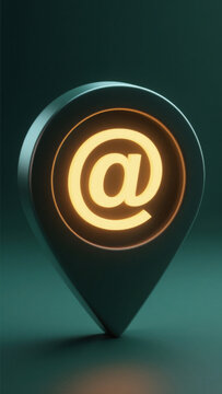 Modern Minimalist Icon with Glowing @ Symbol Inside Black Location Marker on Dark Background - High Contrast Design for Visual Clarity