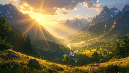 Majestic Mountain Range Bathed in Golden Sunlight with Verdant Valleys and Snow Capped Peaks Under a Dramatic Sky Landscape