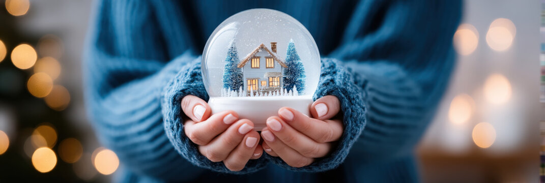Winter holidays preparation with cozy hands holding snow globe featuring house and pine tree in warm sweater light bokeh background