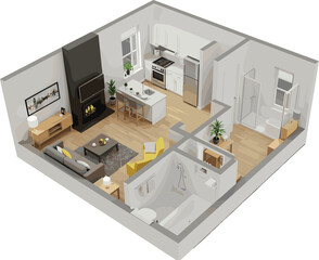 3D small apartment layout, modern studio design, cozy interior, kitchen with island, bathroom, fireplace, open living space