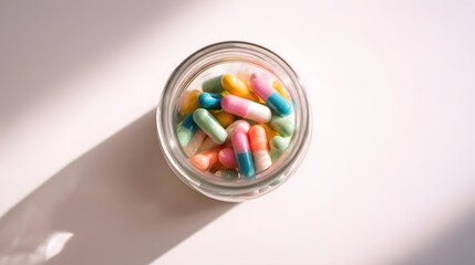 Top-down view of glass jar with multicolored capsules on white surface