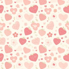 Seamless cute strawberry pattern in pink and red with pastel color palette, simple shapes and lovely fabric art style creating a fresh playful decorative fruit motif for textile or wallpaper design
