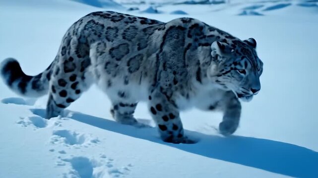 A snow leopard strides forward leaving tracks in the snowy landscape