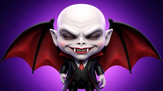 A charismatic and villainous cartoon vampire character with large bat wings and a sinister expression, posed against a vibrant purple backdrop