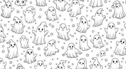Seamless pattern of cute ghosts vector illustration of halloween spooky characters with different expressions