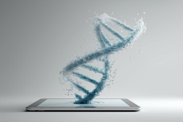 A tablet shows a DNA strand with a blue and white color scheme