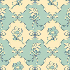 Seamless pastel blue pattern with delicate flowers and ribbon curves. Perfect for textile design, wallpaper, wrapping paper, and coquette-inspired feminine decorative projects.