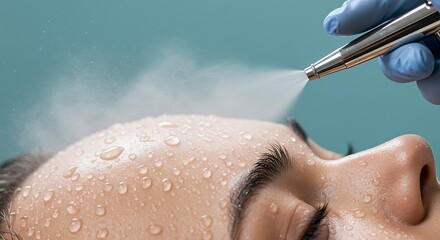 Close-up of a woman receiving an oxygen facial treatment with a spray device and gloved hand.