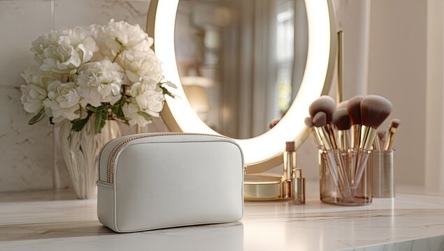 Off-white cosmetic bag sits on vanity beside makeup brushes, lipstick, and white peonies in a glass vase.  A round illuminated mirror is in the background