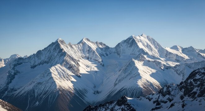 Snow-covered mountain range under a bright blue sky, casting long shadows - Powered by Adobe