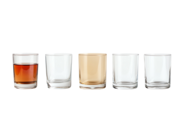 Set of varying glass tumblers filled with different levels of beverages isolated on white background.
