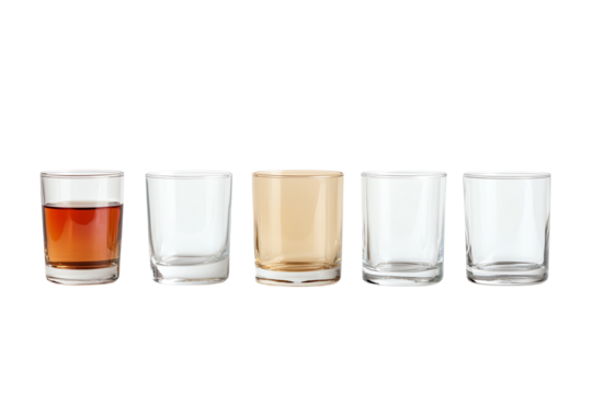 Set of varying glass tumblers filled with different levels of beverages isolated on white background.