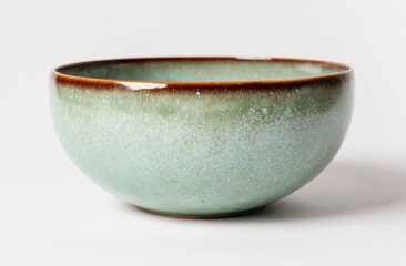 A wide, shallow, seafoam-green ceramic bowl with a dark-brown rim, displaying a speckled, reactive glaze effect against a bright white background