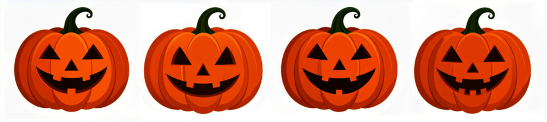 Four Orange Halloween Pumpkins with Smiling Faces and Green Stems