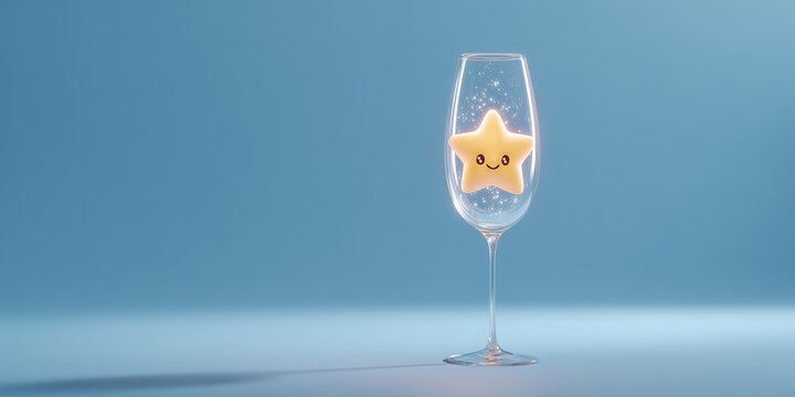 Champagne glass with glowing star inside on pastel blue background. Playful surreal still life radiates joy and magic.