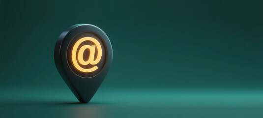 Modern Minimalist Icon with Glowing @ Symbol Inside Black Location Marker on Dark Background - High Contrast Design for Visual Clarity