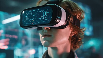 Virtual reality headset, young professional immersed in VR experience in modern workspace, glowing holographic graphics around. - Powered by Adobe