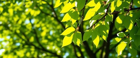 Obraz premium Vibrant green spring leaves, sunlight dappled, natural bokeh background, close-up, ecology