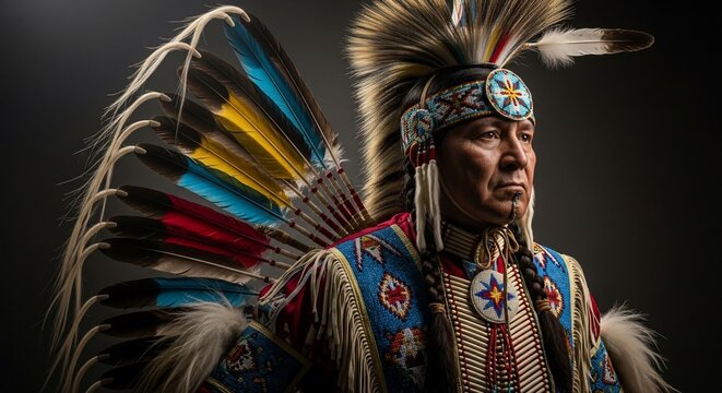 Portrait of a Proud Indigenous Man in a Vibrant, Feathered Ceremonial Headdress. - Powered by Adobe