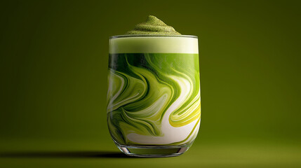 Matcha latte art drink in glass on green background for wellness concept
