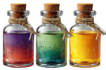 Three glass bottles with colored liquids