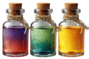 Three glass bottles with colored liquids