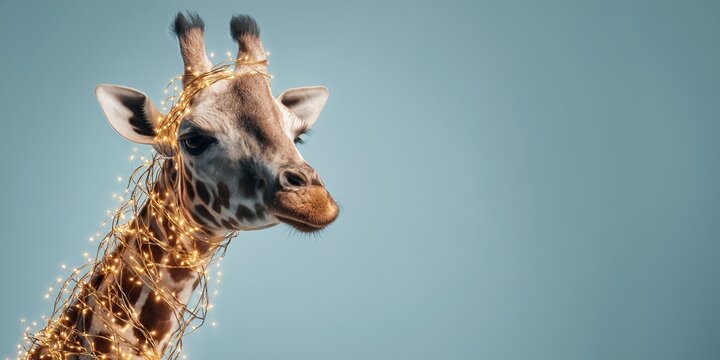 Giraffe with glowing garland wrapped around neck on pastel blue background. Minimal surreal portrait radiates festive wonder.