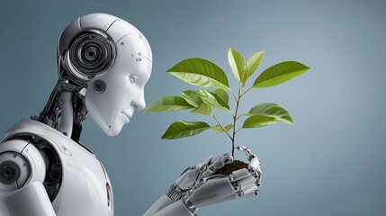 A robot is holding a plant in its hand