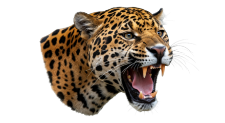 Roaring Leopard Head Isolated on White Background Closeup