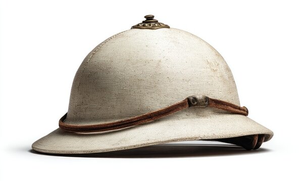 Off-white pith helmet, worn, with brown leather chinstrap and brass embellishments, isolated on white background