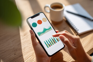 Analyzing data on smartphone with coffee and notebook