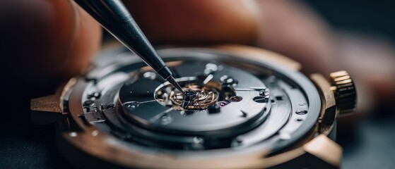 Watchmaker repairing intricate mechanical watch movement with precision tools indoors Closeup of watch repair, craftsmanship, and horology