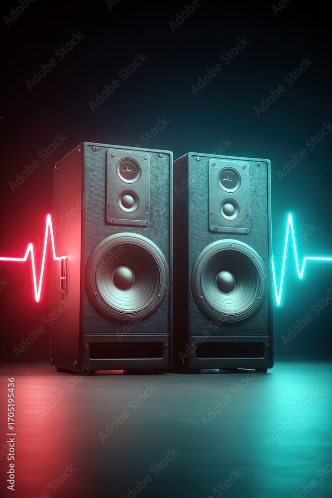 Poster sound pulses create dynamic arcs between two speakers in a modern aesthetic setting