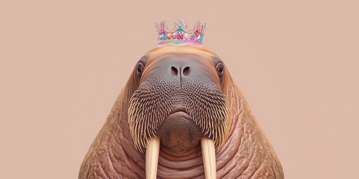 Walrus wearing festive crown on pastel cream background. Minimal surreal portrait radiates whimsical holiday spirit. - Powered by Adobe
