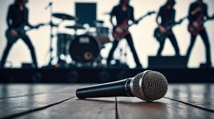 Microphone on Stage in Front of Rock Band: Visual Focus on Live Performance and Musical Energy