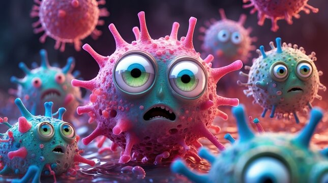 Cartoon Viruses with Expressive Faces on Dark Background: Humorous Visualization of Infection