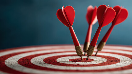 Fototapeta premium Red dart in target center with heart flights, focused aim