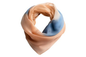 Stylish silk scarf with a gradient of peach and blue colors on a white isolated background.